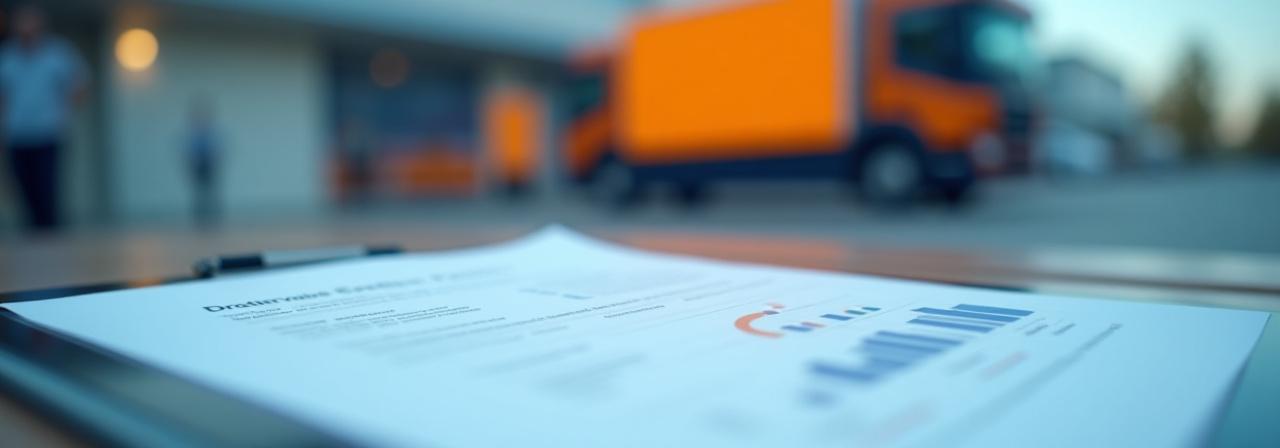 Close-up of a signed logistics contract on a modern desk with a delivery truck in the background